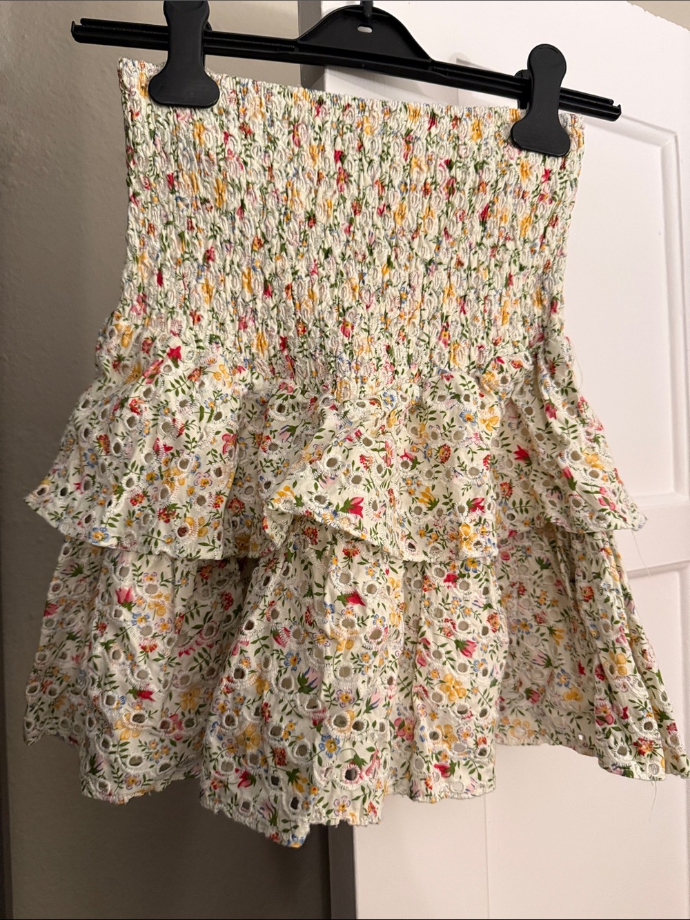 Lucy Paris Cream Floral Smocked Tiered Mini Skirt